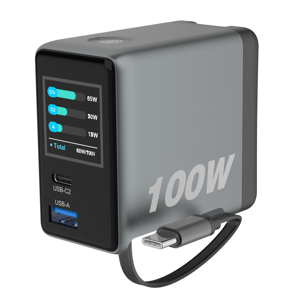 Portable Charger 100W Built-in Smart Display and Retractable Cable