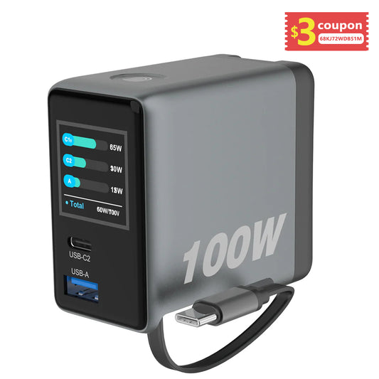 Portable Charger 100W Built-in Smart Display and Retractable Cable